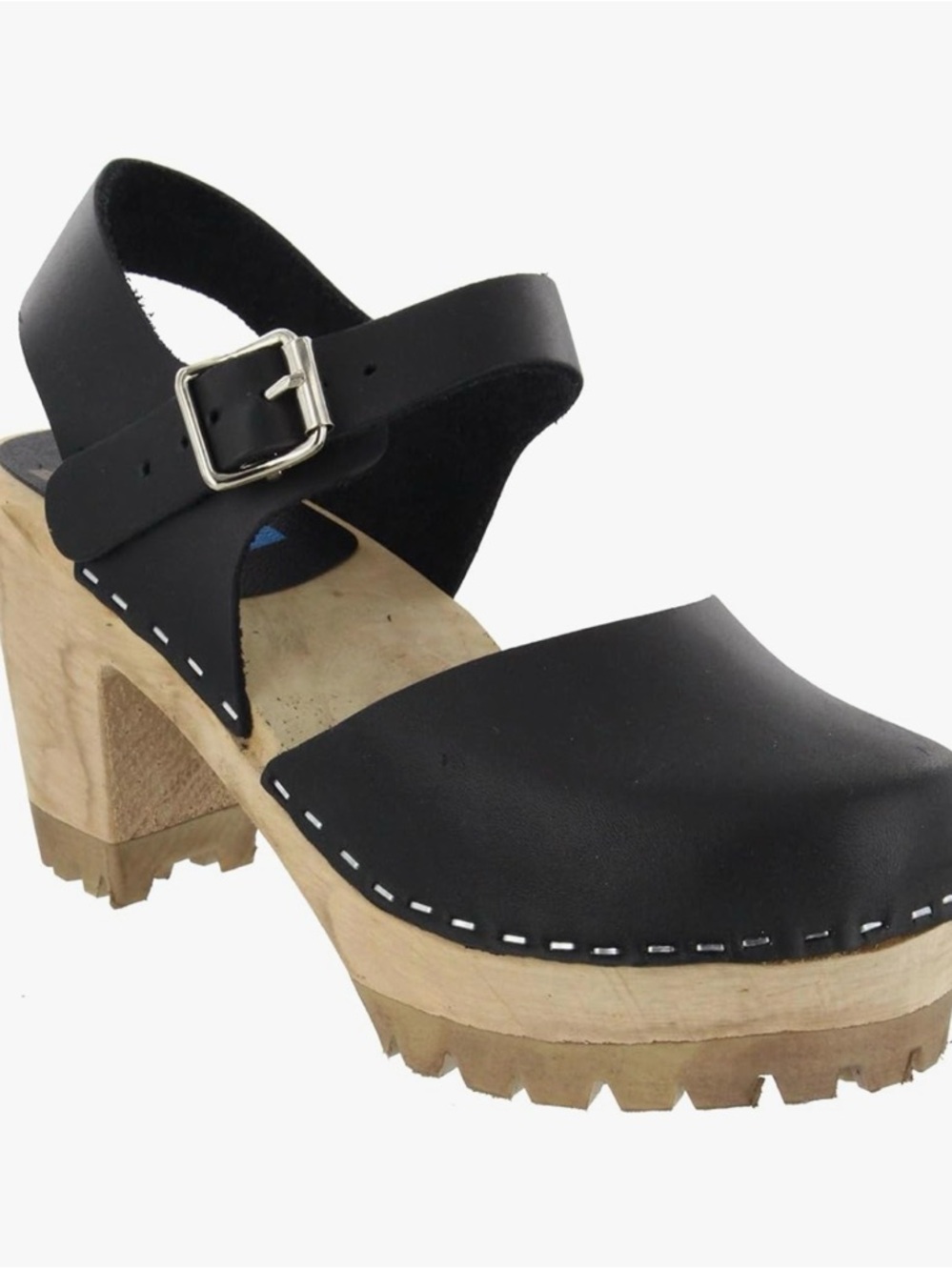 MIA Black Leather Clog Sandals with Wood Block Heel - Picture 3 of 10